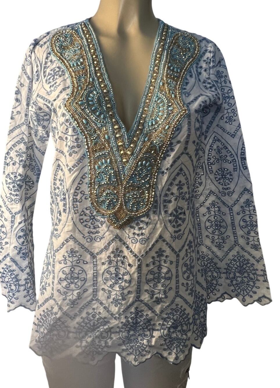 Boston Proper Vintage blue and white Embellished Scalloped Top Size XS